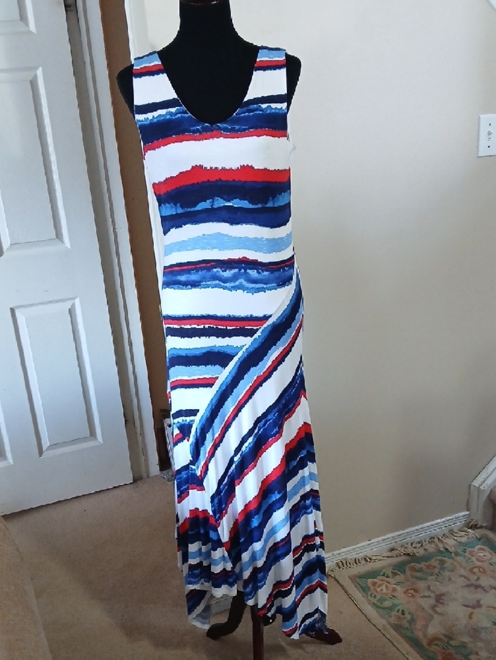 Tribal Sleeveless Maxi Dress in White, Blue & Red Stripes - Picture 3 of 14